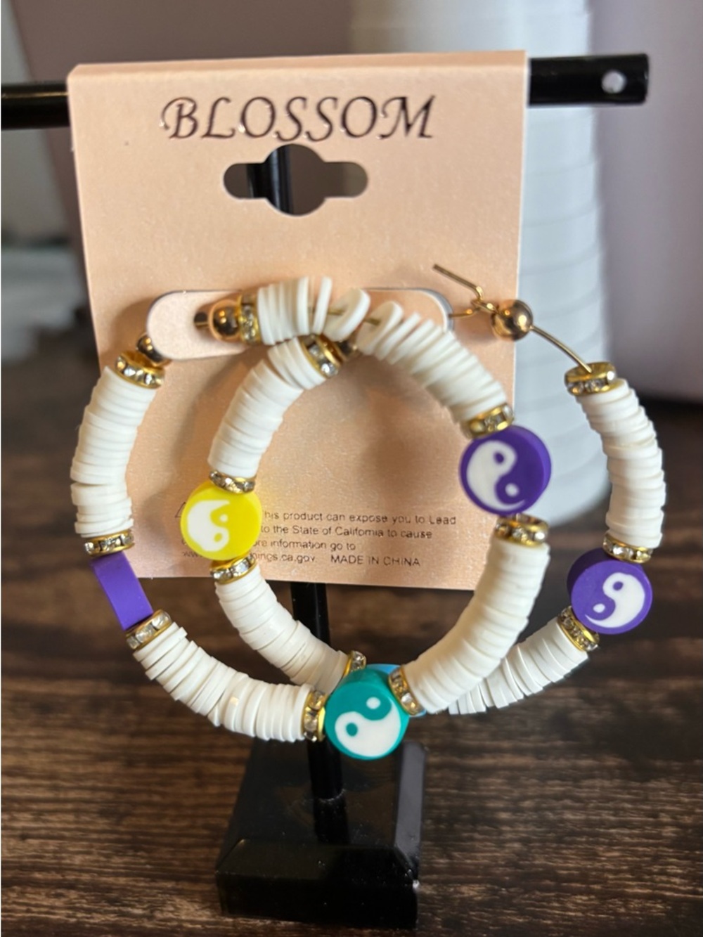 White Heishi Bead Boho Hoop Earrings with Multicolor Yin Yang Charms